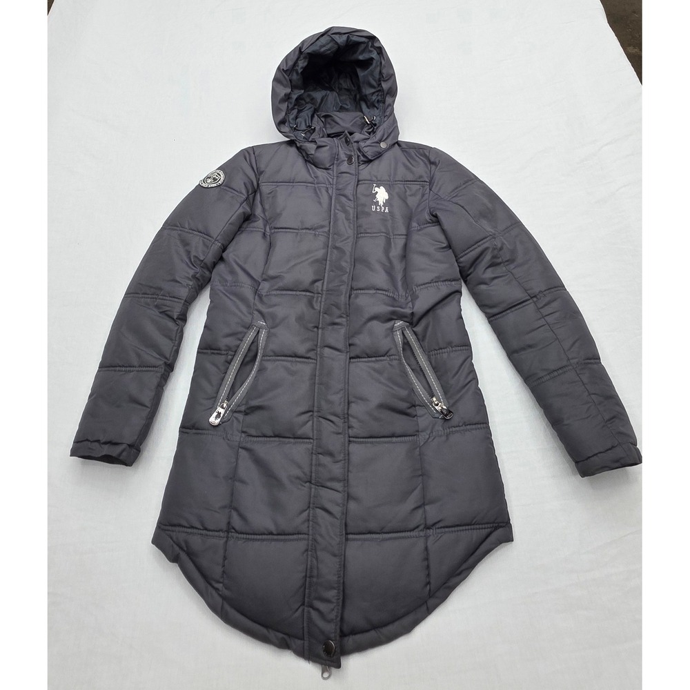 US Polo Assn Women Gray Hooded Puffer Parka Jacket Coat‎ Small Longline Quilted